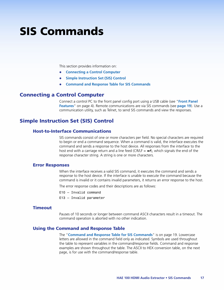 Sis commands, Connecting a control computer, Simple instruction set (sis) control | Host-to-interface communications, Error responses, Timeout, Using the command and response table, Sis ™ commands | Extron Electronics HAE 100 User Guide User Manual | Page 22 / 27