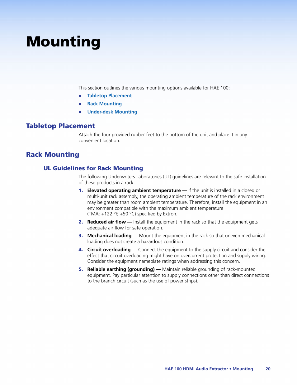 Mounting, Tabletop placement, Rack mounting | Ul guidelines for rack mounting, Tabletop placement rack mounting, Mount the unit | Extron Electronics HAE 100 User Guide User Manual | Page 25 / 27