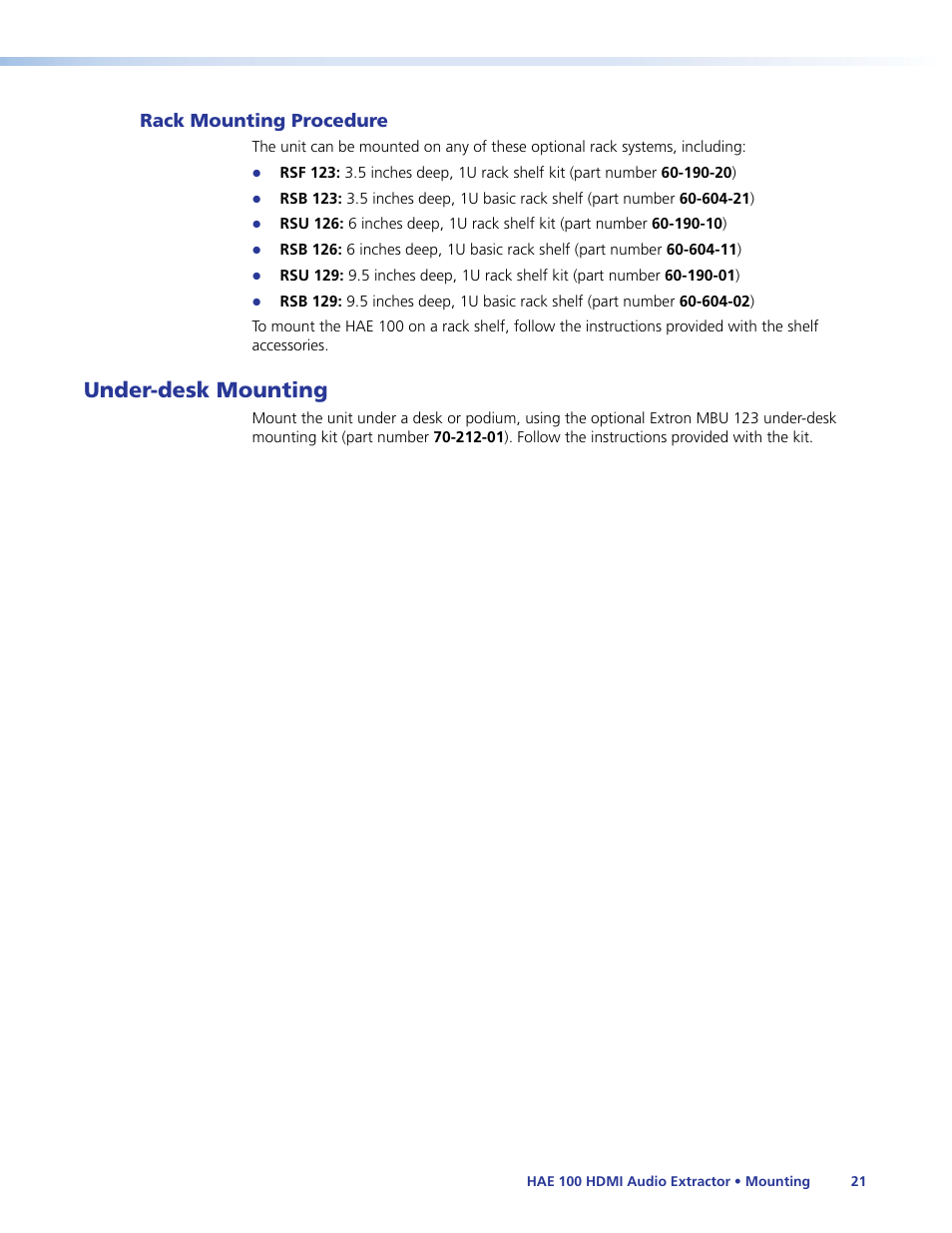 Rack mounting procedure, Under-desk mounting | Extron Electronics HAE 100 User Guide User Manual | Page 26 / 27