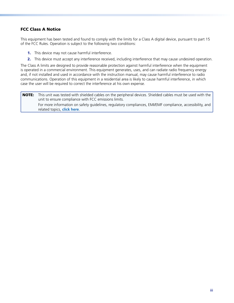 Fcc information | Extron Electronics HAE 100 User Guide User Manual | Page 3 / 27