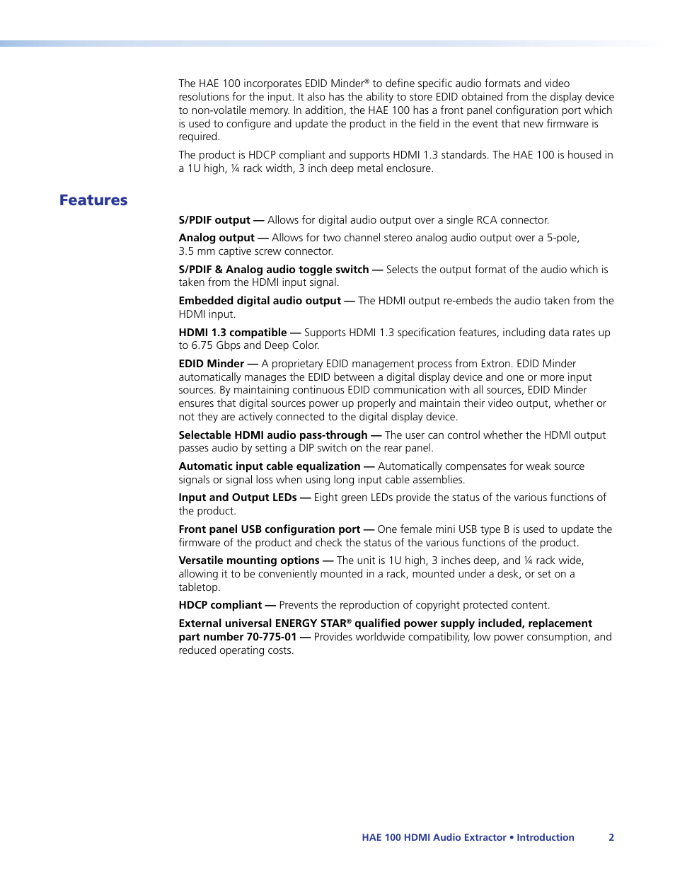 Features | Extron Electronics HAE 100 User Guide User Manual | Page 7 / 27