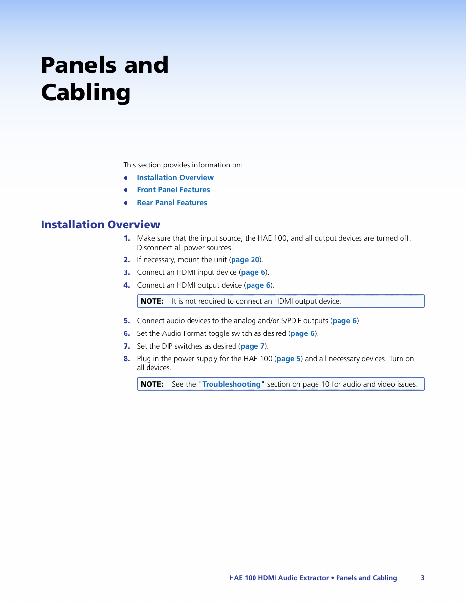 Panels and cabling, Installation overview | Extron Electronics HAE 100 User Guide User Manual | Page 8 / 27