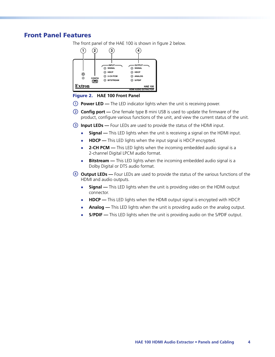 Front panel features | Extron Electronics HAE 100 User Guide User Manual | Page 9 / 27