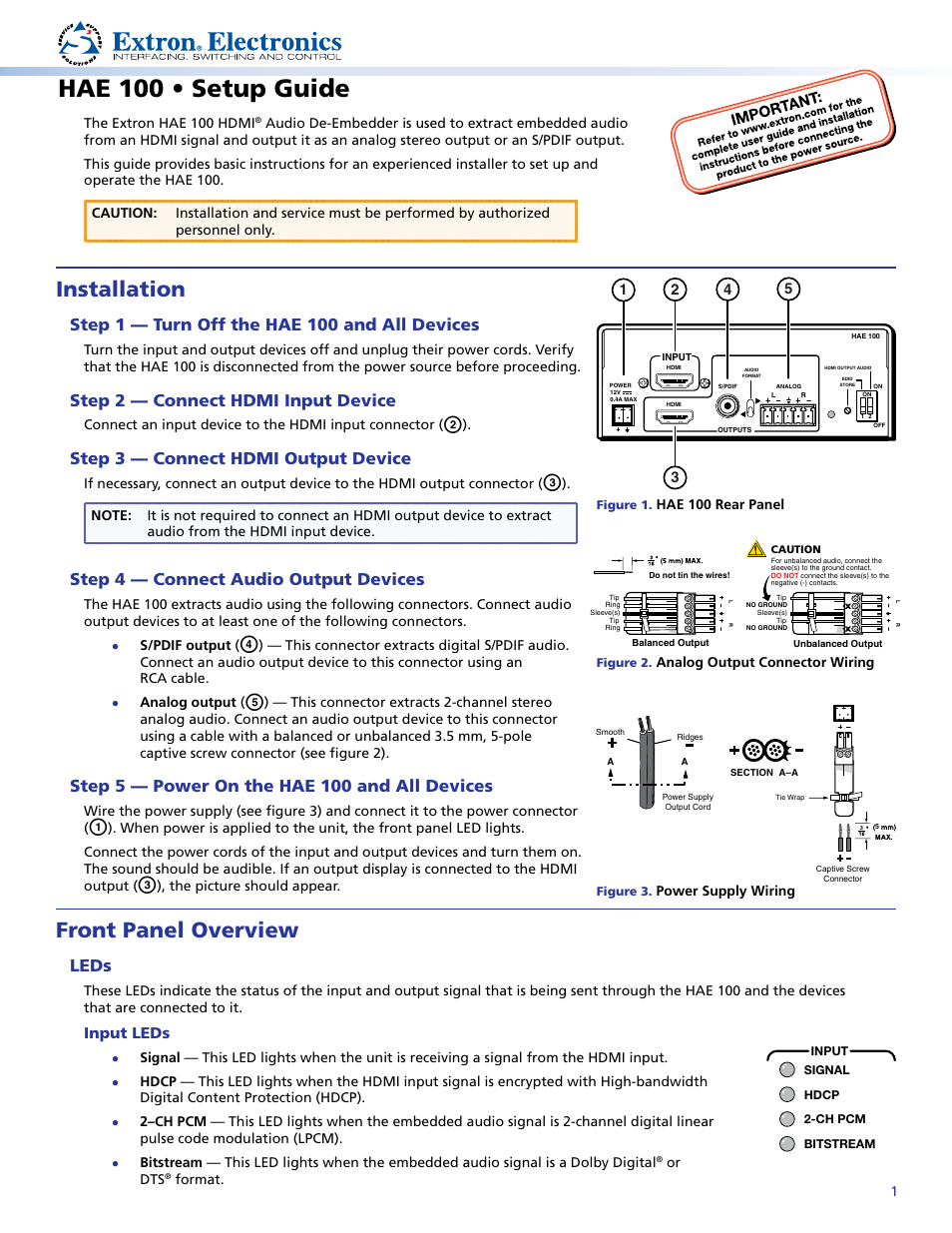 Extron Electronics HAE 100 Setup Guide User Manual | 2 pages
