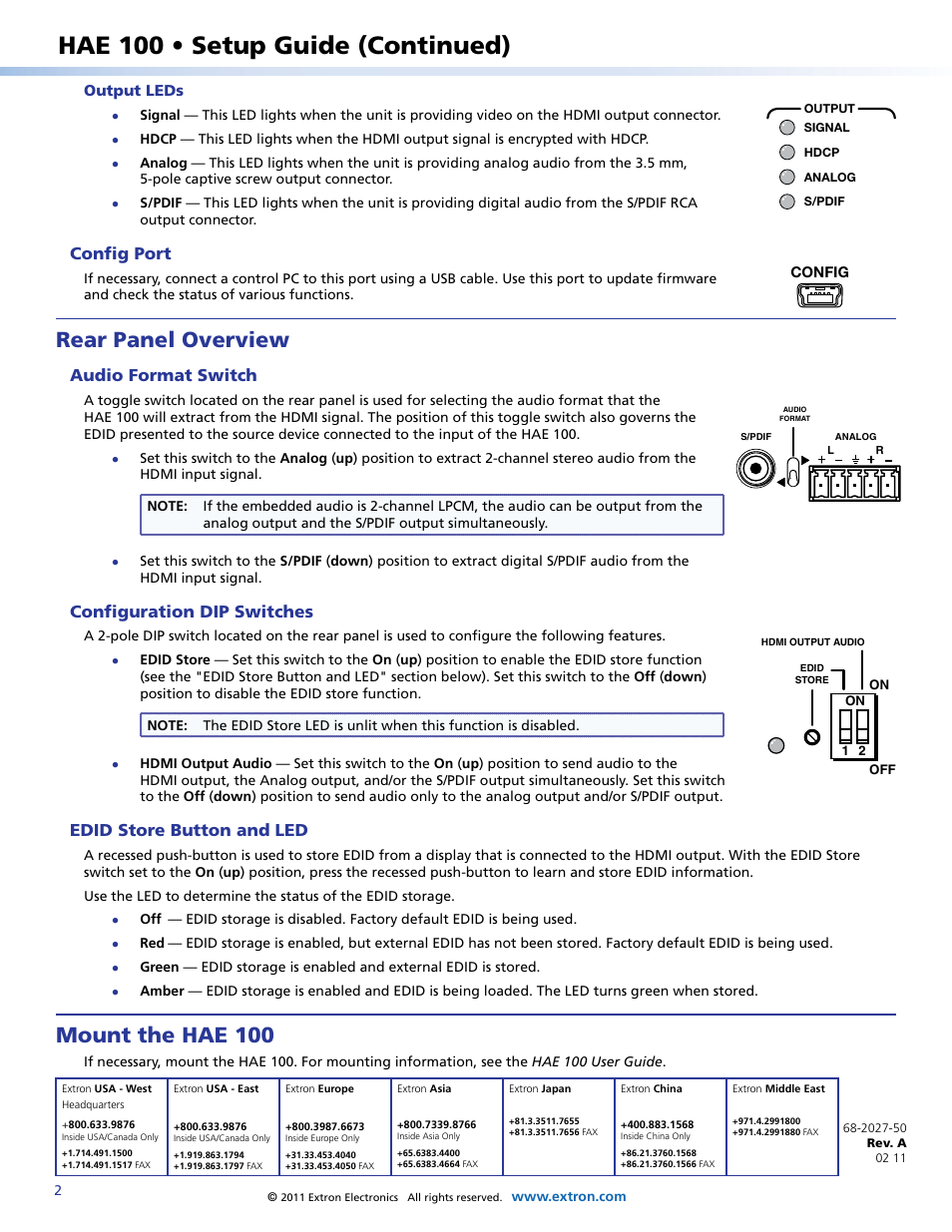 Hae 100 • setup guide (continued), Rear panel overview, Mount the hae 100 | Config port, Audio format switch, Configuration dip switches, Edid store button and led, Output leds, Config | Extron Electronics HAE 100 Setup Guide User Manual | Page 2 / 2
