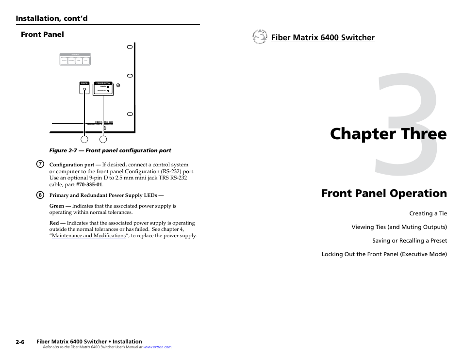 Front panel, Chapter 3 • front panel operation, Chapter three • front panel operation | Chapter three, Front panel operation | Extron Electronics Fiber Matrix 6400 User Manual | Page 10 / 22
