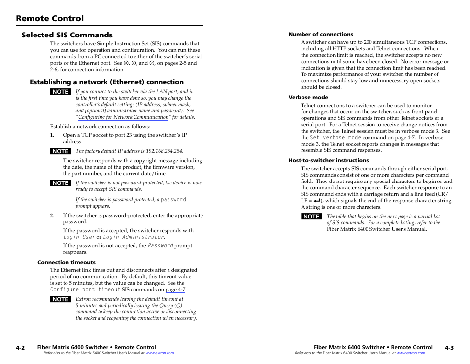 Selected sis commands, Establishing a network (ethernet) connection, Connection timeouts | Number of connections, Verbose mode, Host-to-switcher instructions, Selected sis commands, Establishing a network (ethernet) connection -2, Simple instruction set (sis, Commands | Extron Electronics Fiber Matrix 6400 User Manual | Page 13 / 22