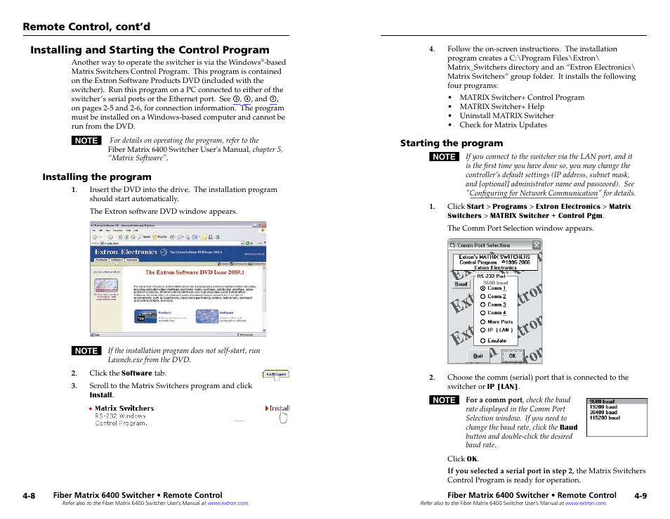 Installing and starting the control program, Installing the program, Starting the program | Installing and starting the control program, Load and start up the windows, Based matrix switchers, Control program, Remote control, cont’d | Extron Electronics Fiber Matrix 6400 User Manual | Page 16 / 22