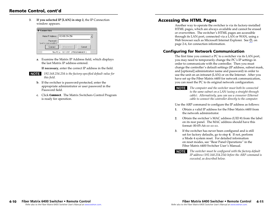 Configuring for network communication, Configuring for network communication -11, Accessing the html pages | Remote control, cont’d | Extron Electronics Fiber Matrix 6400 User Manual | Page 17 / 22