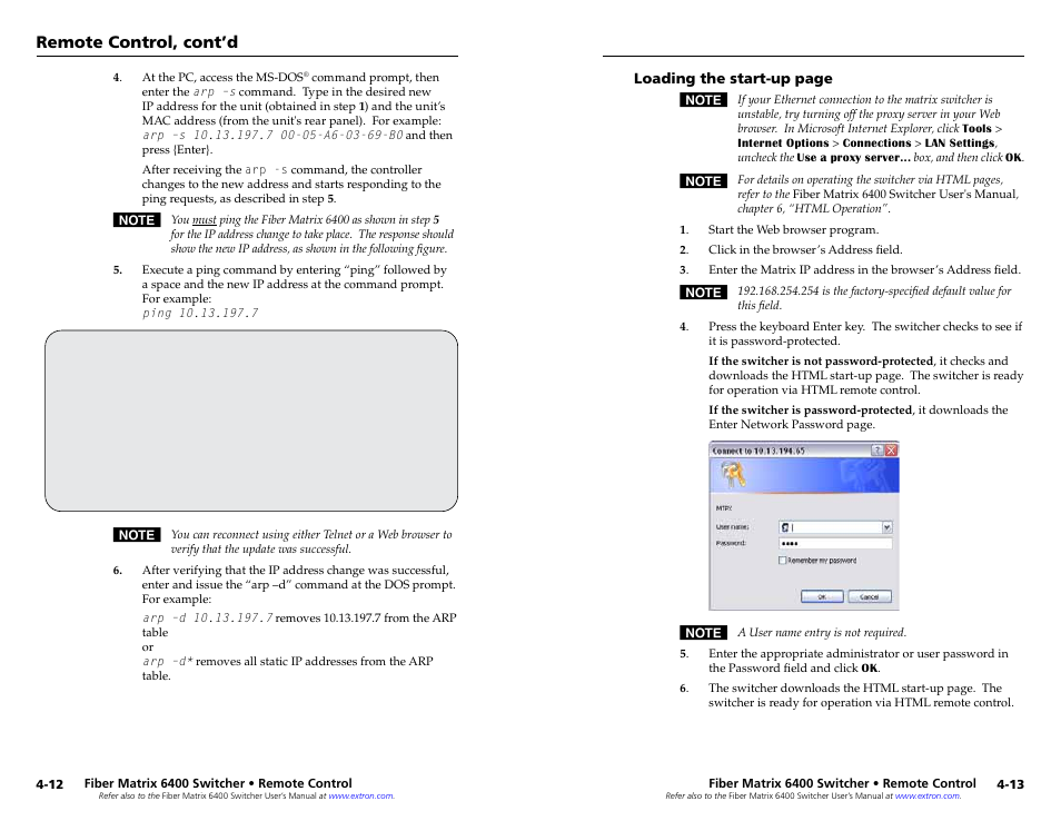 Remote control, cont’d | Extron Electronics Fiber Matrix 6400 User Manual | Page 18 / 22