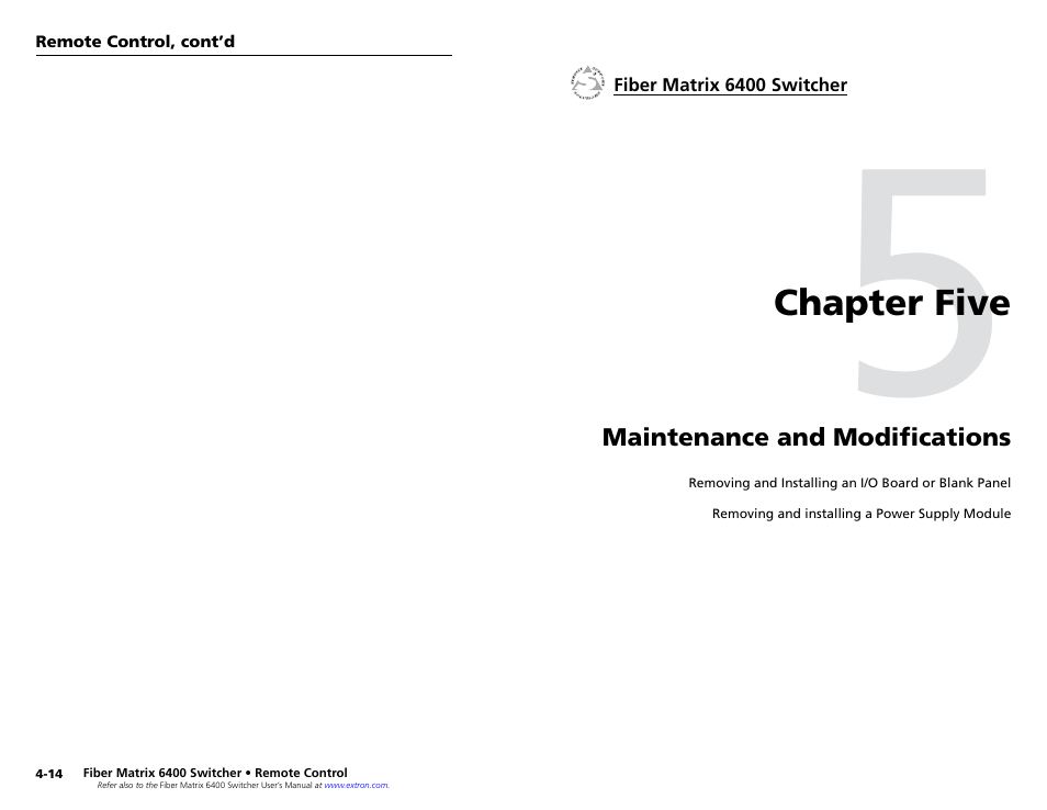Chapter 5 • maintenance and modifications, Chapter five • maintenance and modifications | Extron Electronics Fiber Matrix 6400 User Manual | Page 19 / 22