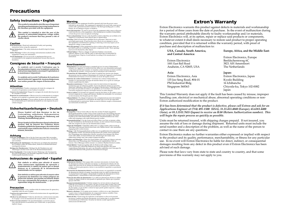 Precautions, Extron’s warranty, Instrucciones de seguridad • español | Extron Electronics Fiber Matrix 6400 User Manual | Page 2 / 22