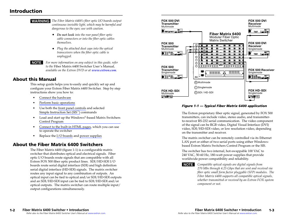 About this manual, About the fiber matrix 6400 switchers | Extron Electronics Fiber Matrix 6400 User Manual | Page 6 / 22