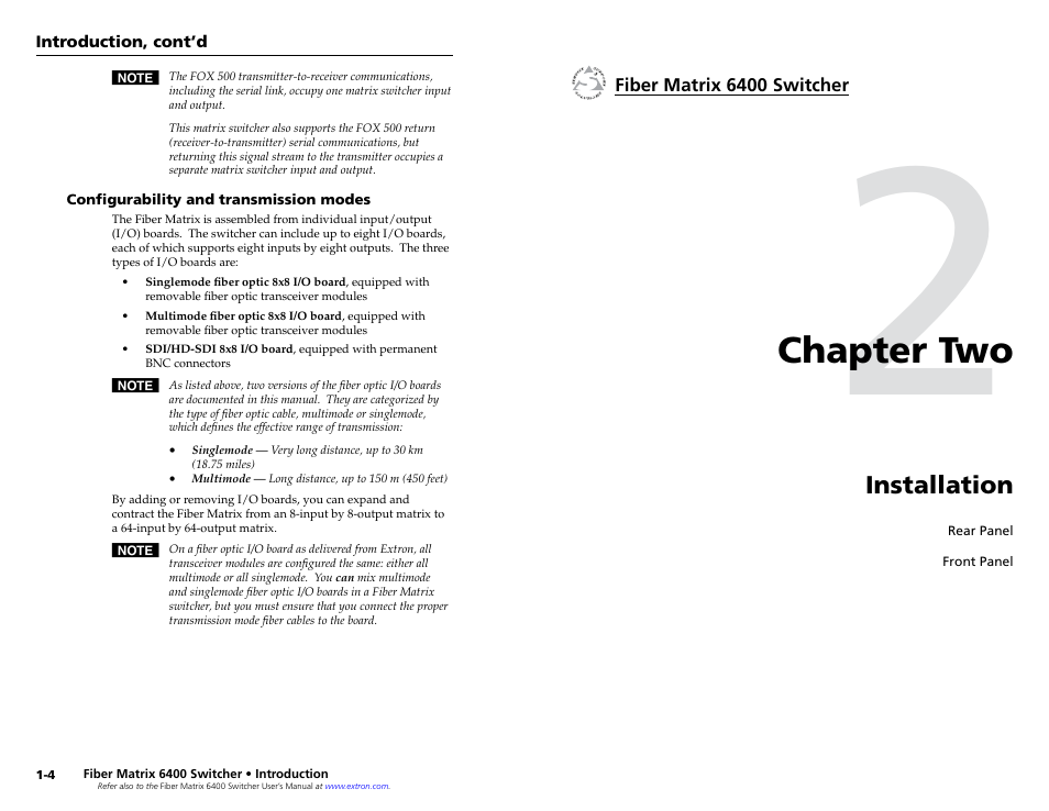 Configurability and transmission modes, Chapter 2 • installation, Configurability and transmission modes -4 | Chapter two • installation, Chapter two, Installation | Extron Electronics Fiber Matrix 6400 User Manual | Page 7 / 22