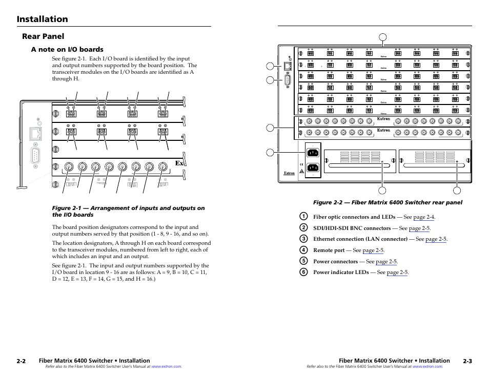 Rear panel, A note on i/o boards, A note on i/o boards -2 | Installation, Fiber matrix 6400 switcher • installation, Fiber optic connectors and leds — see page 2-4, Sdi/hdi-sdi bnc connectors — see page 2-5, Ethernet connection (lan connector) — see page 2-5, Remote port — see page 2-5, Power connectors — see page 2-5 | Extron Electronics Fiber Matrix 6400 User Manual | Page 8 / 22