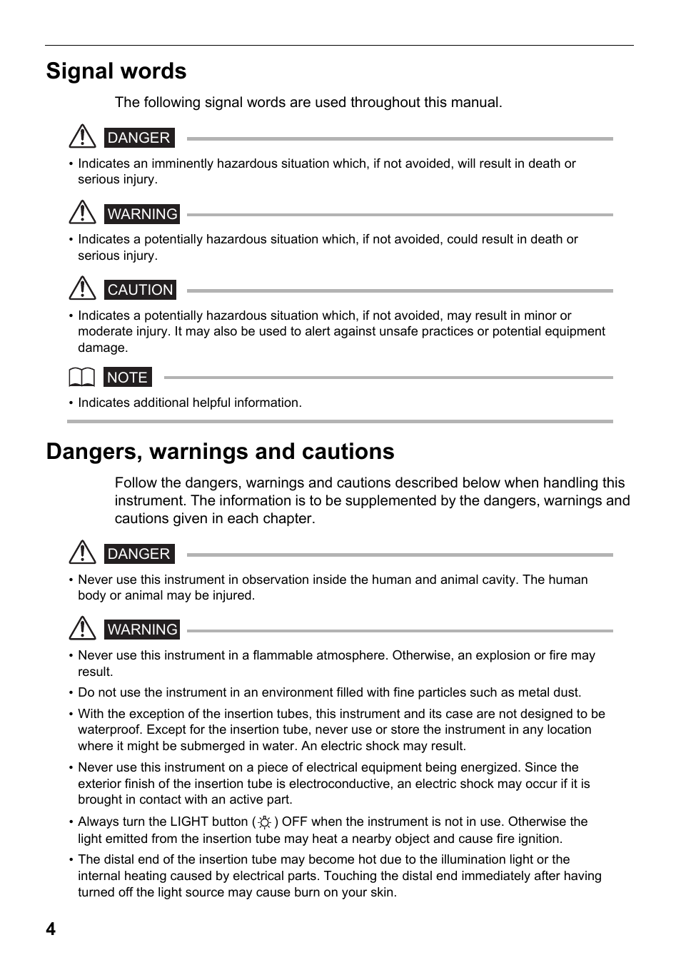 Signal words, Dangers, warnings and cautions | Olympus IPLEX MX II User Manual | Page 10 / 100