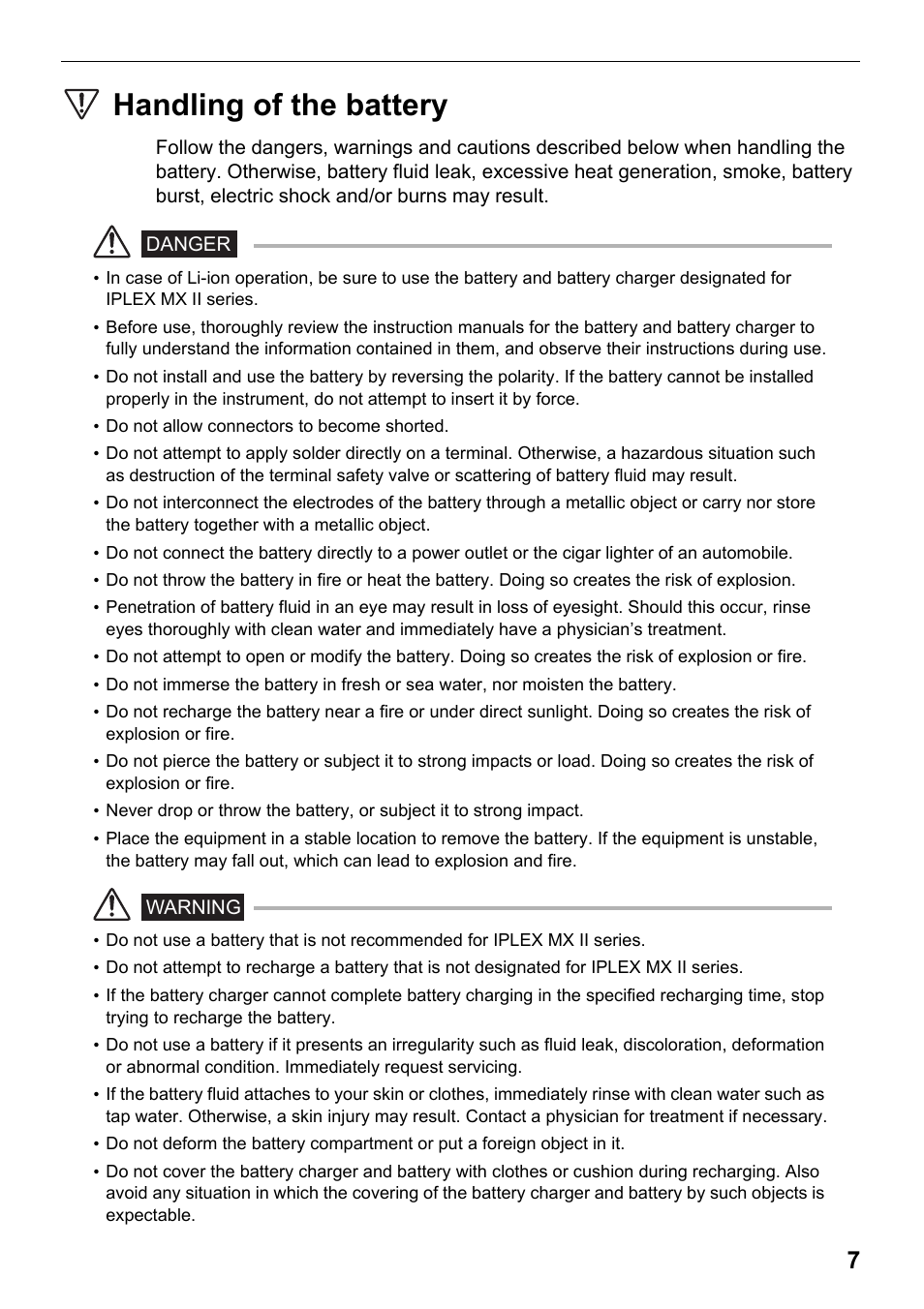 Handling of the battery | Olympus IPLEX MX II User Manual | Page 13 / 100