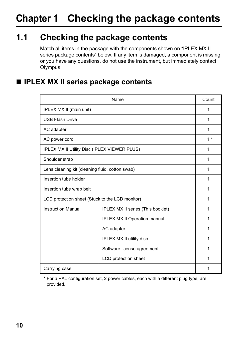 Chapter 1 checking the package contents, 1 checking the package contents, Iplex mx ii series package contents | Chapter 1, Checking the package contents | Olympus IPLEX MX II User Manual | Page 16 / 100