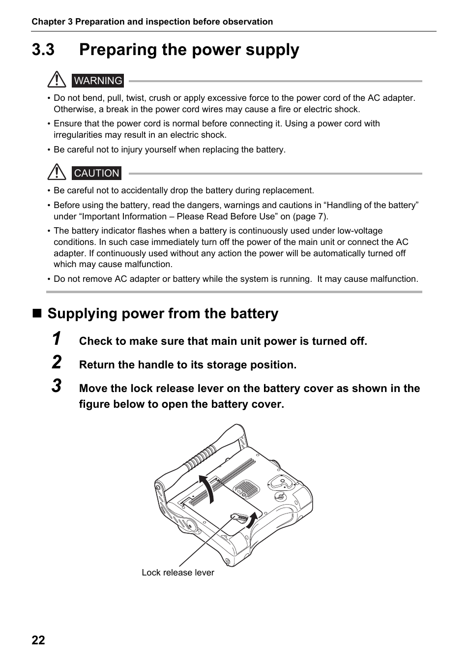 3 preparing the power supply, Supplying power from the battery, Preparing the power supply | Olympus IPLEX MX II User Manual | Page 28 / 100