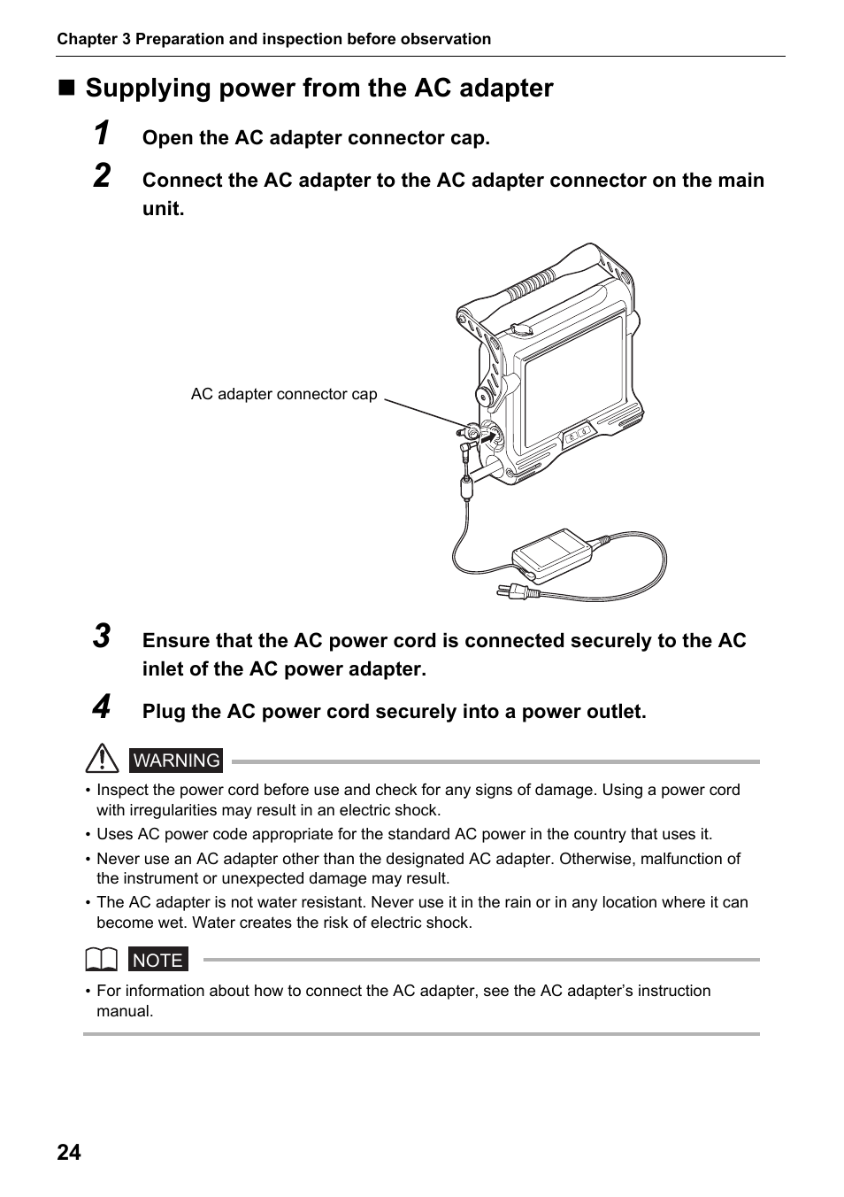 Supplying power from the ac adapter | Olympus IPLEX MX II User Manual | Page 30 / 100