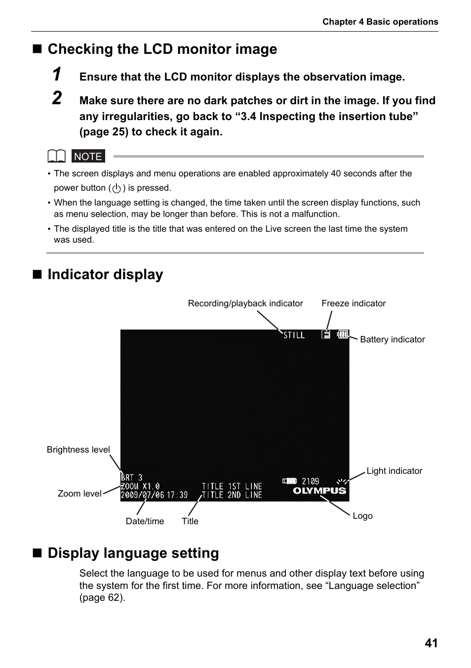 Checking the lcd monitor image, Indicator display, Display language setting | Indicator display  display language setting | Olympus IPLEX MX II User Manual | Page 47 / 100