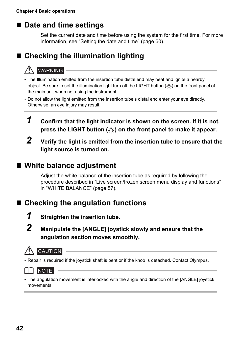 Date and time settings, Checking the illumination lighting, White balance adjustment | Checking the angulation functions | Olympus IPLEX MX II User Manual | Page 48 / 100