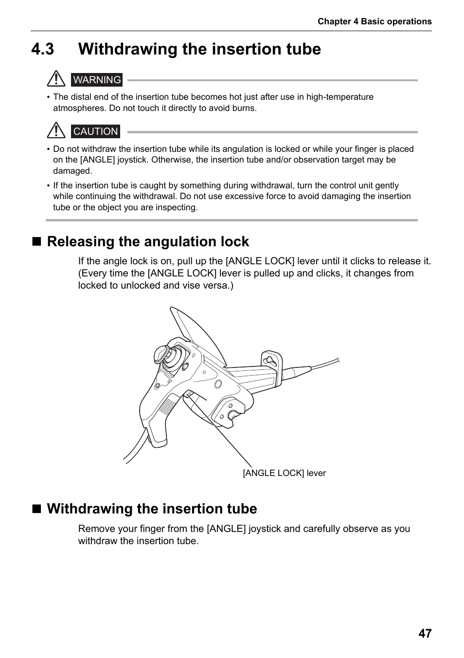 3 withdrawing the insertion tube, Releasing the angulation lock, Withdrawing the insertion tube | Olympus IPLEX MX II User Manual | Page 53 / 100