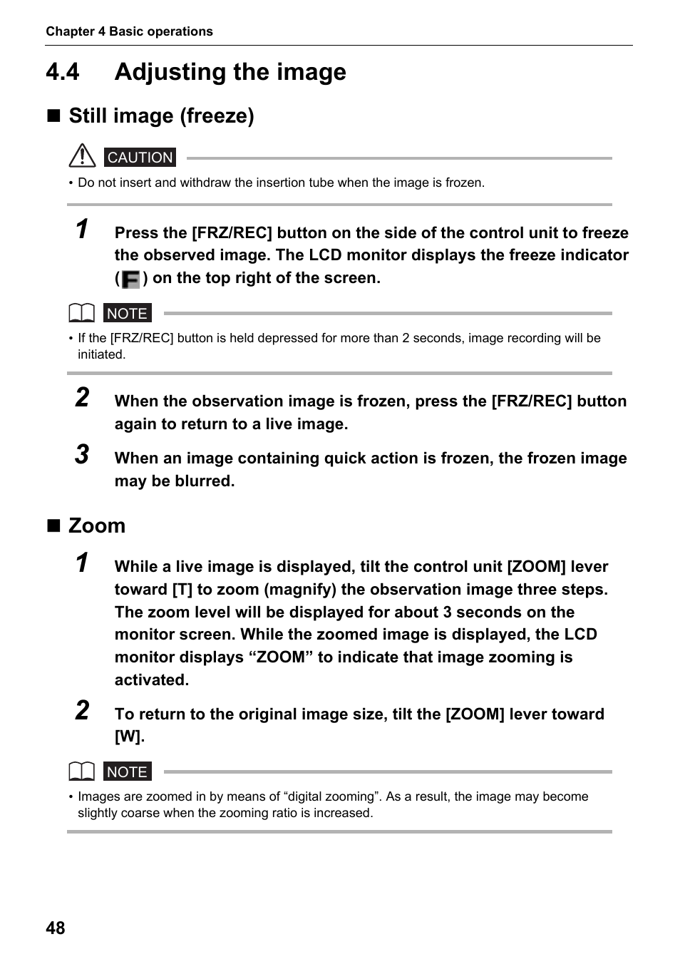 4 adjusting the image, Still image (freeze), Zoom | Adjusting the image, Still image (freeze) zoom | Olympus IPLEX MX II User Manual | Page 54 / 100