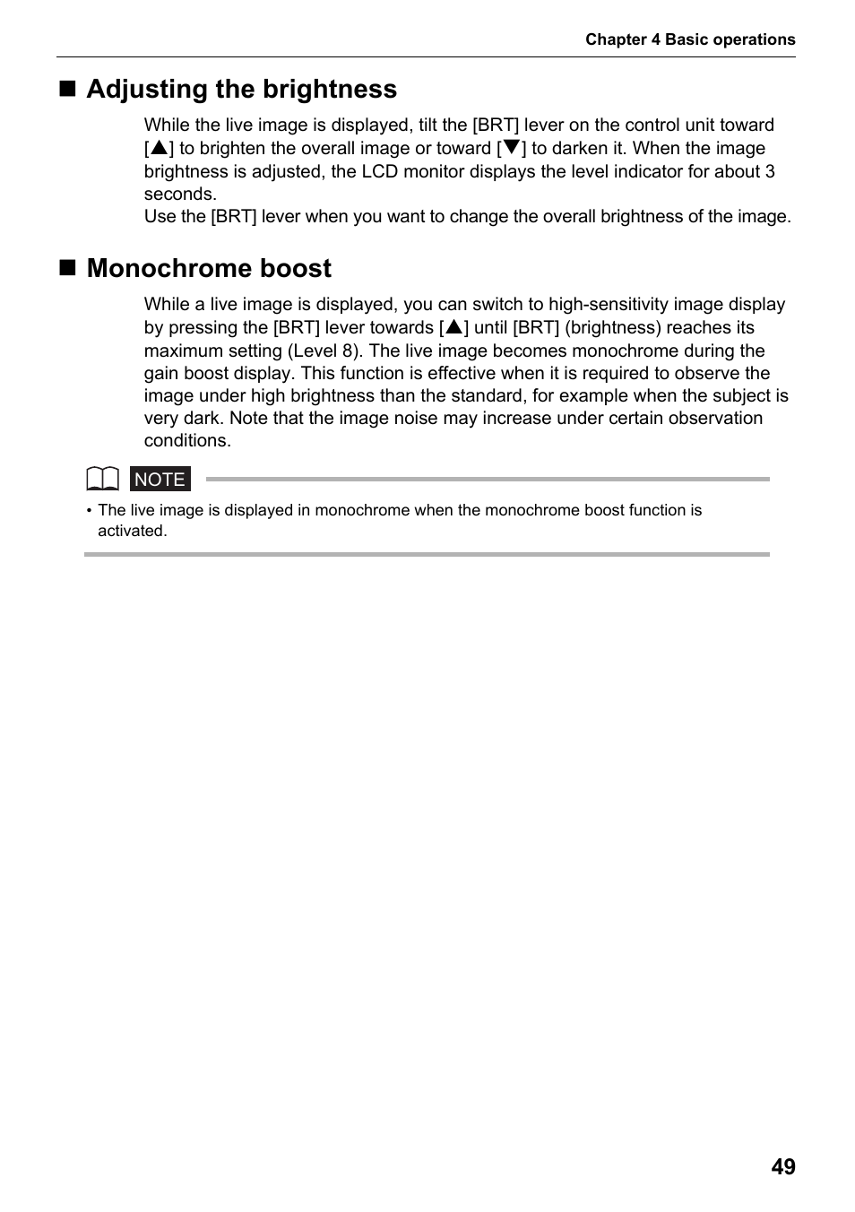 Adjusting the brightness, Monochrome boost, Adjusting the brightness monochrome boost | Olympus IPLEX MX II User Manual | Page 55 / 100