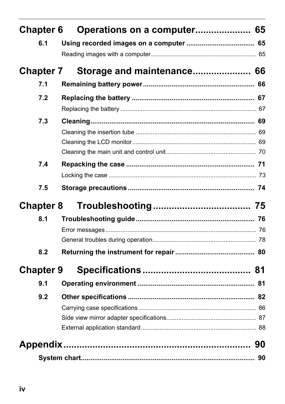 Chapter 6 operations on a computer, Chapter 7 storage and maintenance, Chapter 8 troubleshooting | Chapter 9 specifications, Appendix | Olympus IPLEX MX II User Manual | Page 6 / 100