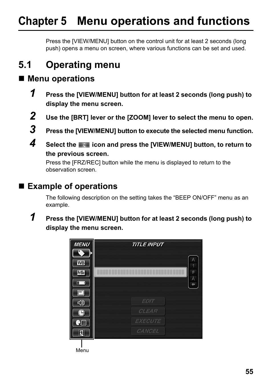 Chapter 5 menu operations and functions, 1 operating menu, Menu operations | Example of operations, Chapter 5, Menu operations and functions, Operating menu, Menu operations example of operations | Olympus IPLEX MX II User Manual | Page 61 / 100