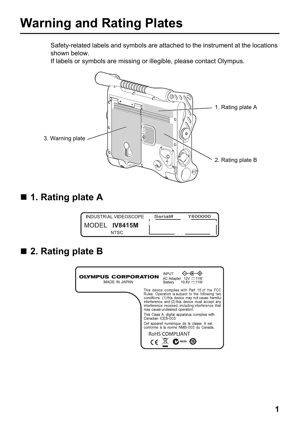 Warning and rating plates, Rating plate a, Rating plate b | Rating plate a 2. rating plate b, Rating plate a  2. rating plate b | Olympus IPLEX MX II User Manual | Page 7 / 100