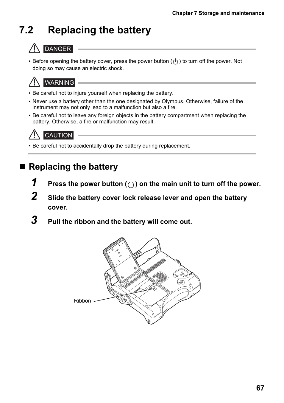 2 replacing the battery, Replacing the battery | Olympus IPLEX MX II User Manual | Page 73 / 100