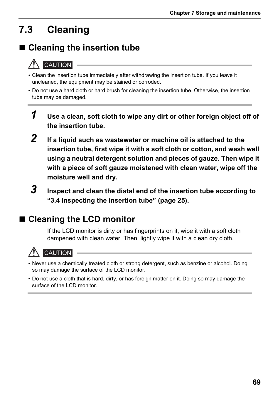 3 cleaning, Cleaning the insertion tube, Cleaning the lcd monitor | Cleaning | Olympus IPLEX MX II User Manual | Page 75 / 100