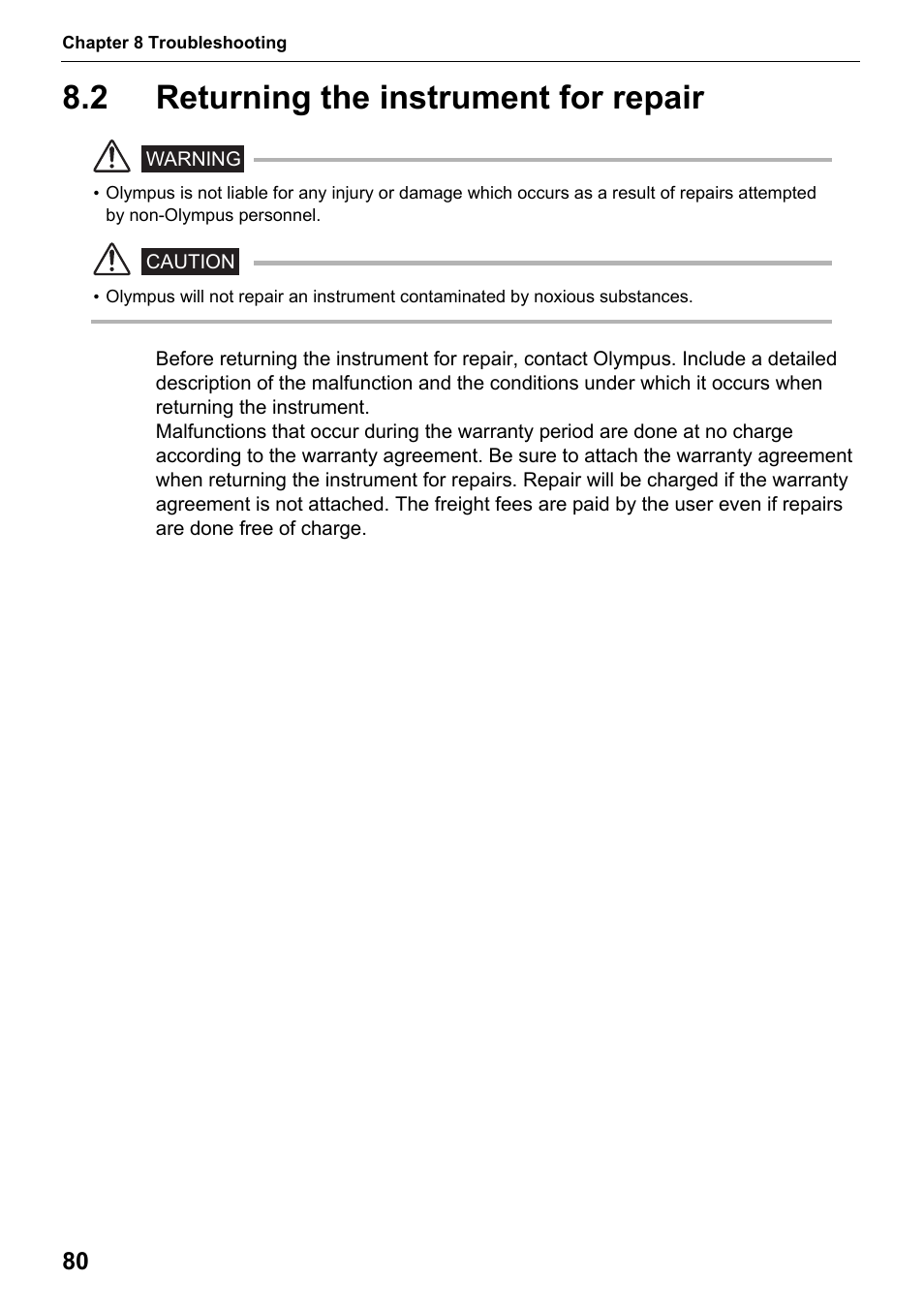 2 returning the instrument for repair, Returning the instrument for repair | Olympus IPLEX MX II User Manual | Page 86 / 100