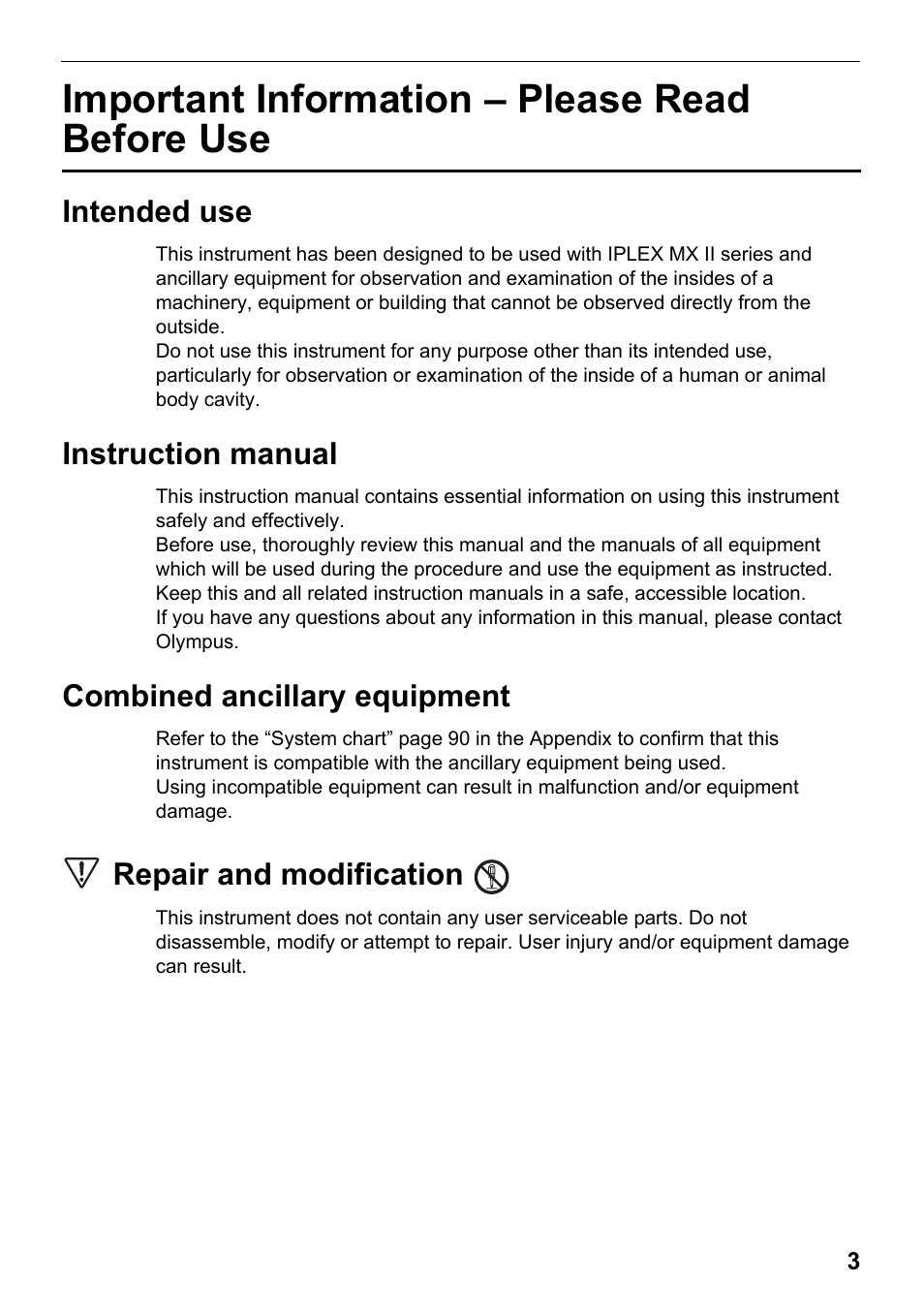 Important information - please read before use, Intended use, Instruction manual | Combined ancillary equipment, Repair and modification, Important information – please read before use | Olympus IPLEX MX II User Manual | Page 9 / 100