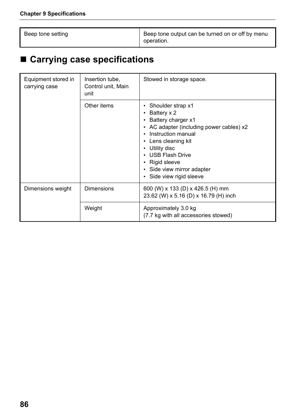 Carrying case specifications | Olympus IPLEX MX II User Manual | Page 92 / 100