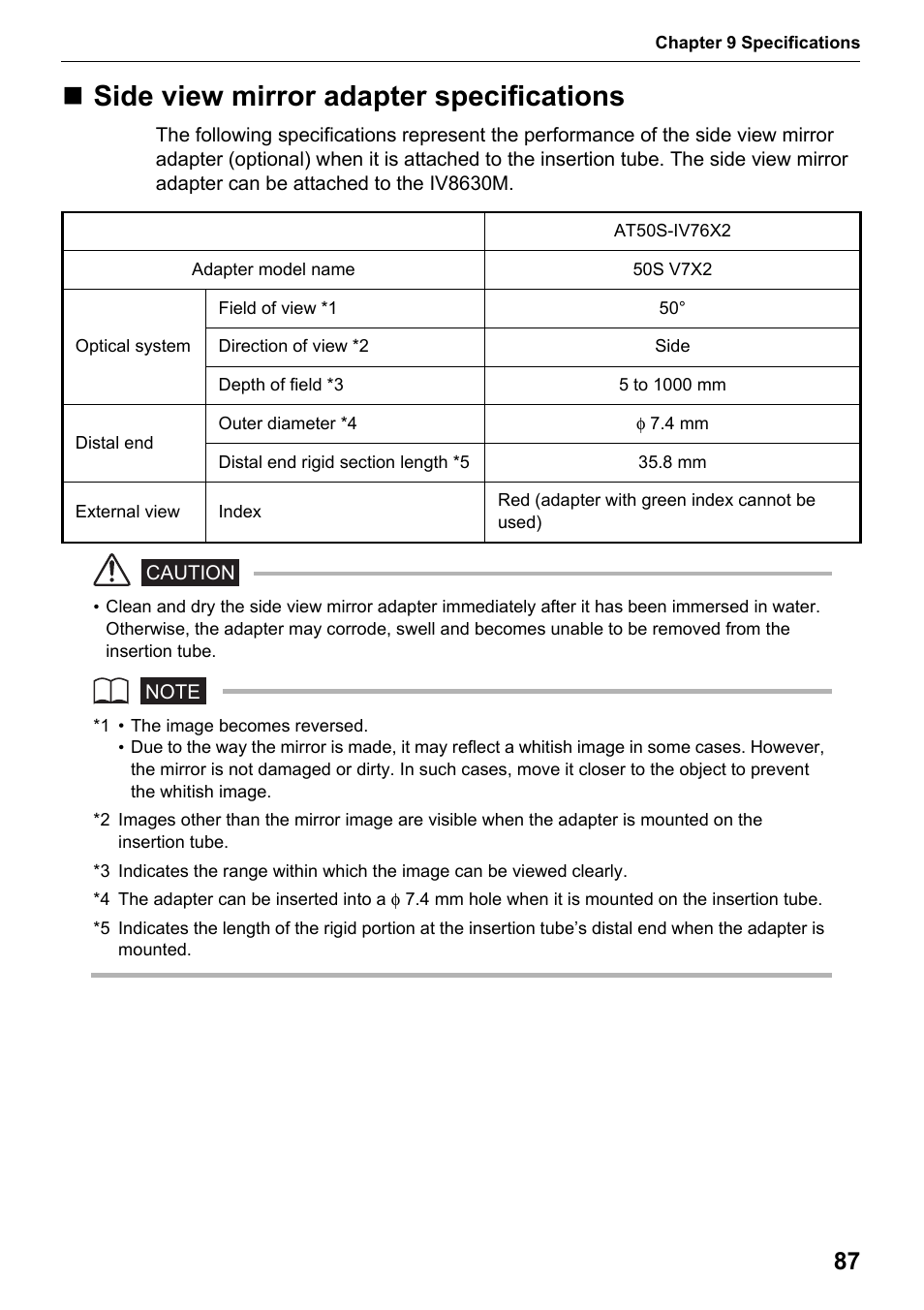 Side view mirror adapter specifications | Olympus IPLEX MX II User Manual | Page 93 / 100