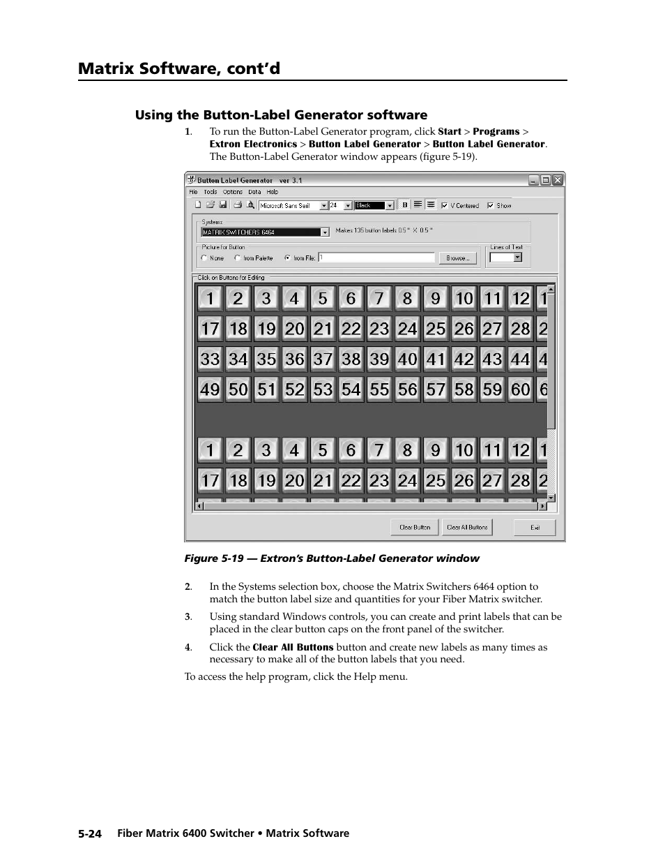 Using the button-label generator software, Using the button-label generator software -24, Matrix software, cont’d | Extron Electronics Fiber Matrix 6400 User Manual | Page 108 / 144