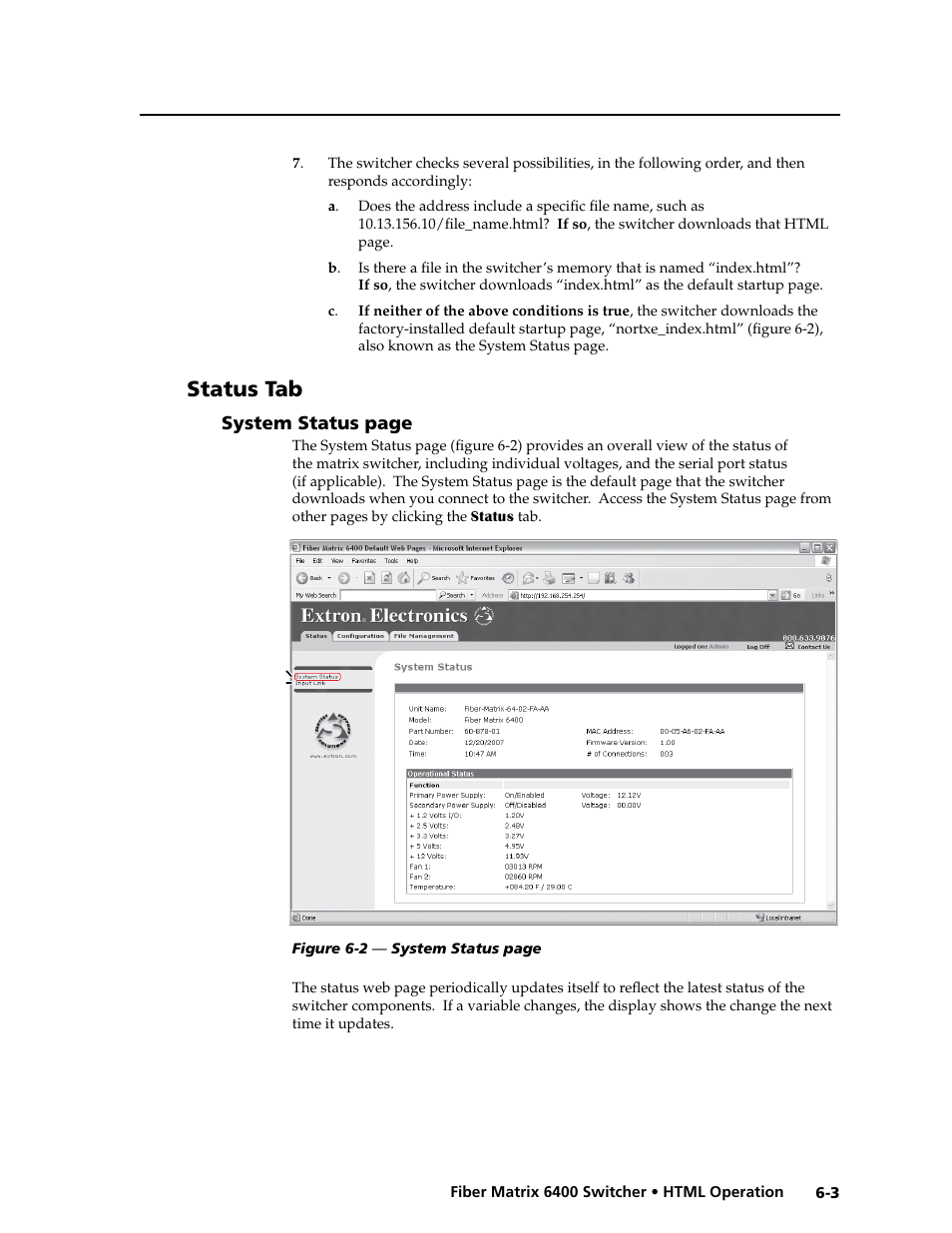 Status tab | Extron Electronics Fiber Matrix 6400 User Manual | Page 111 / 144