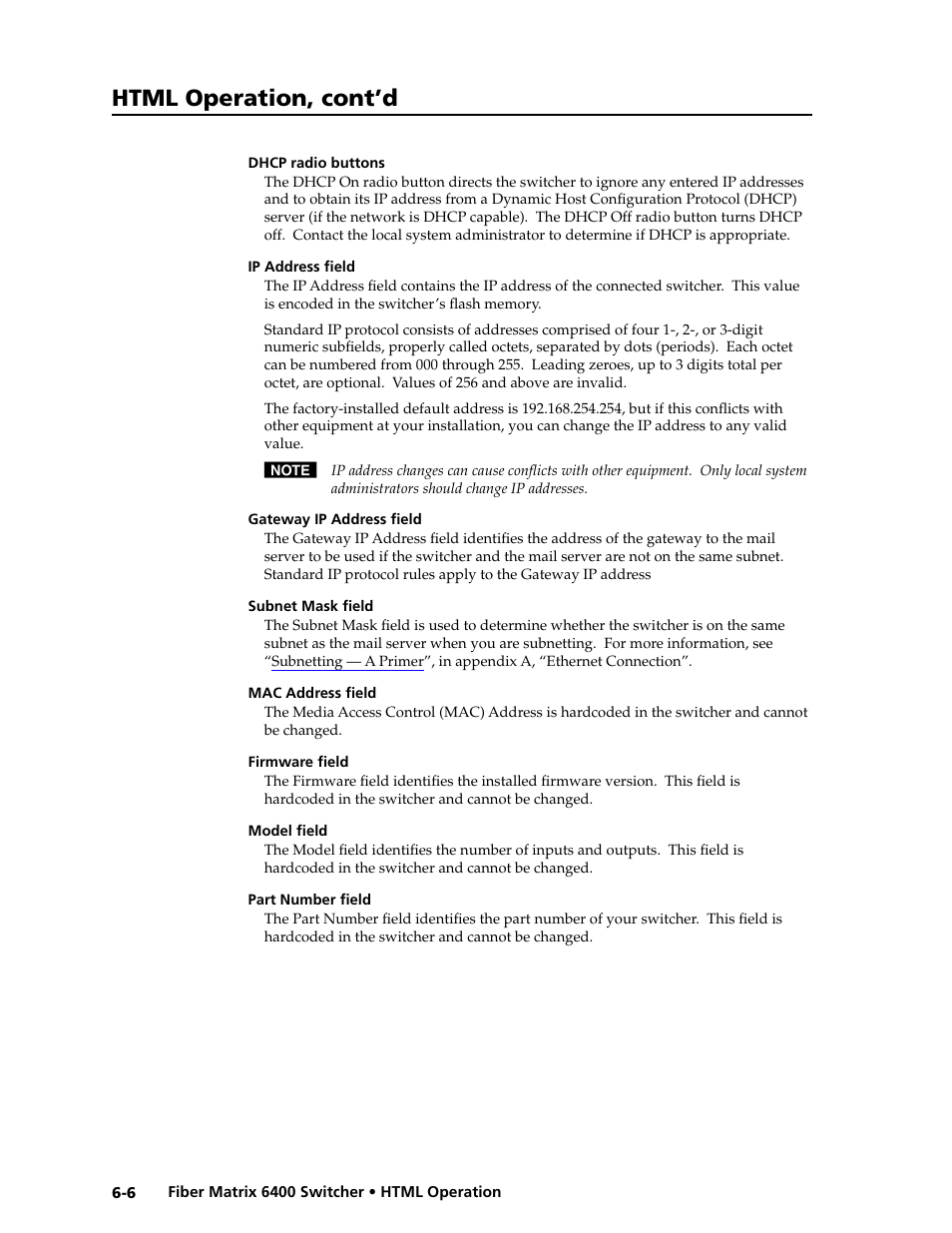 Dhcp radio buttons, Ip address field, Gateway ip address field | Subnet mask field, Mac address field, Firmware field, Model field, Part number field, Html operation, cont’d | Extron Electronics Fiber Matrix 6400 User Manual | Page 114 / 144