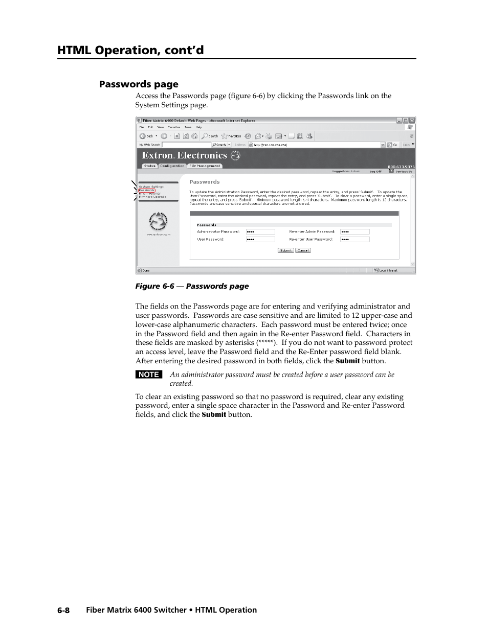 Html operation, cont’d | Extron Electronics Fiber Matrix 6400 User Manual | Page 116 / 144