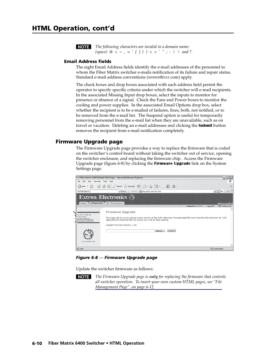 Email address fields, Email address fields -10, Html operation, cont’d | Extron Electronics Fiber Matrix 6400 User Manual | Page 118 / 144