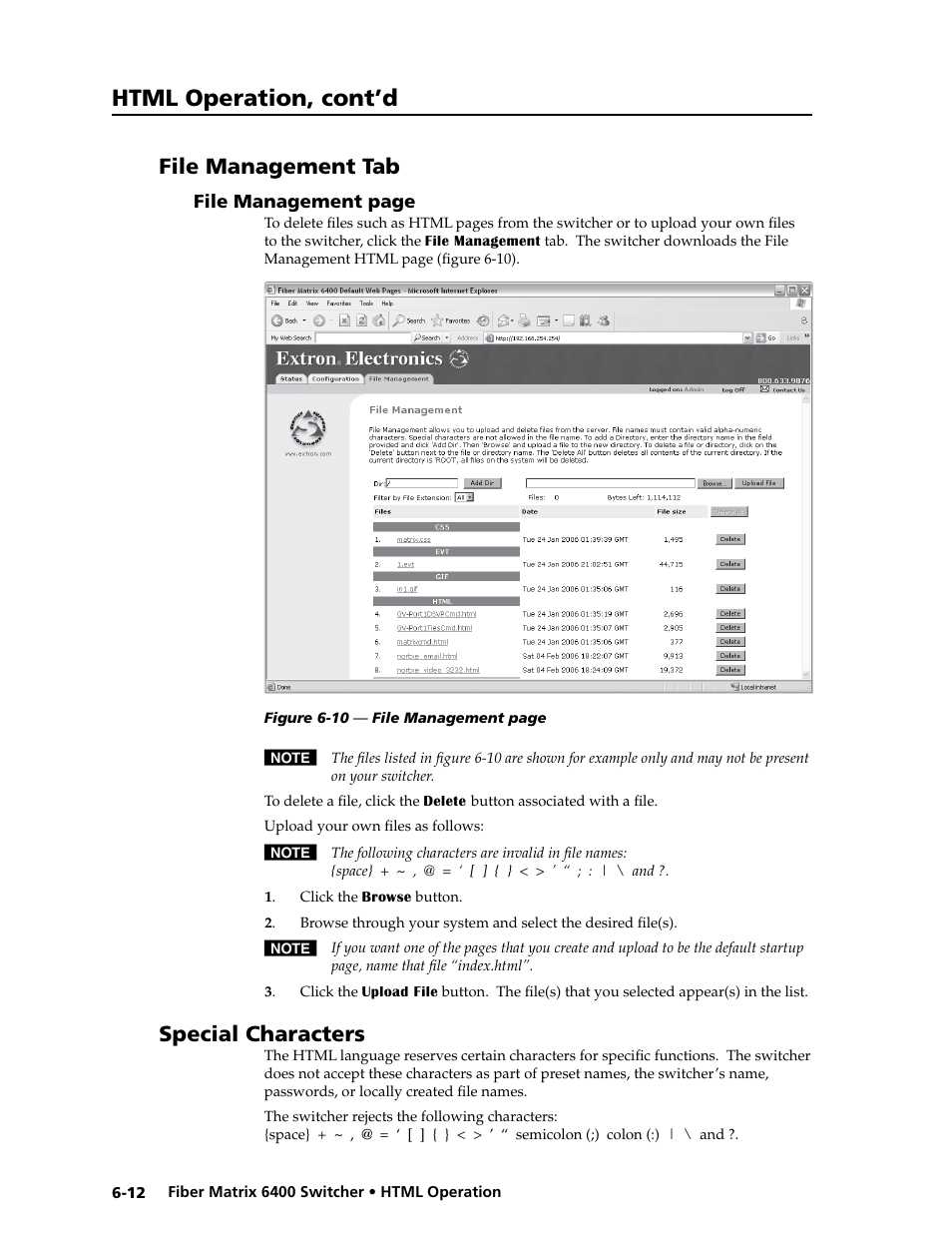 File management tab, Special characters, Html operation, cont’d | Extron Electronics Fiber Matrix 6400 User Manual | Page 120 / 144