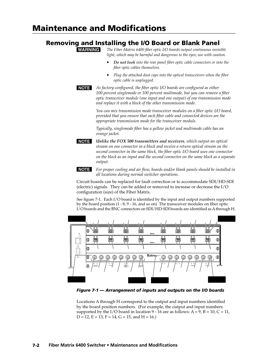 Maintenance and modifications, Location a, Location h | Slot 1, O#1 i#1 slot 2, Slot 3, Slot 4 | Extron Electronics Fiber Matrix 6400 User Manual | Page 122 / 144