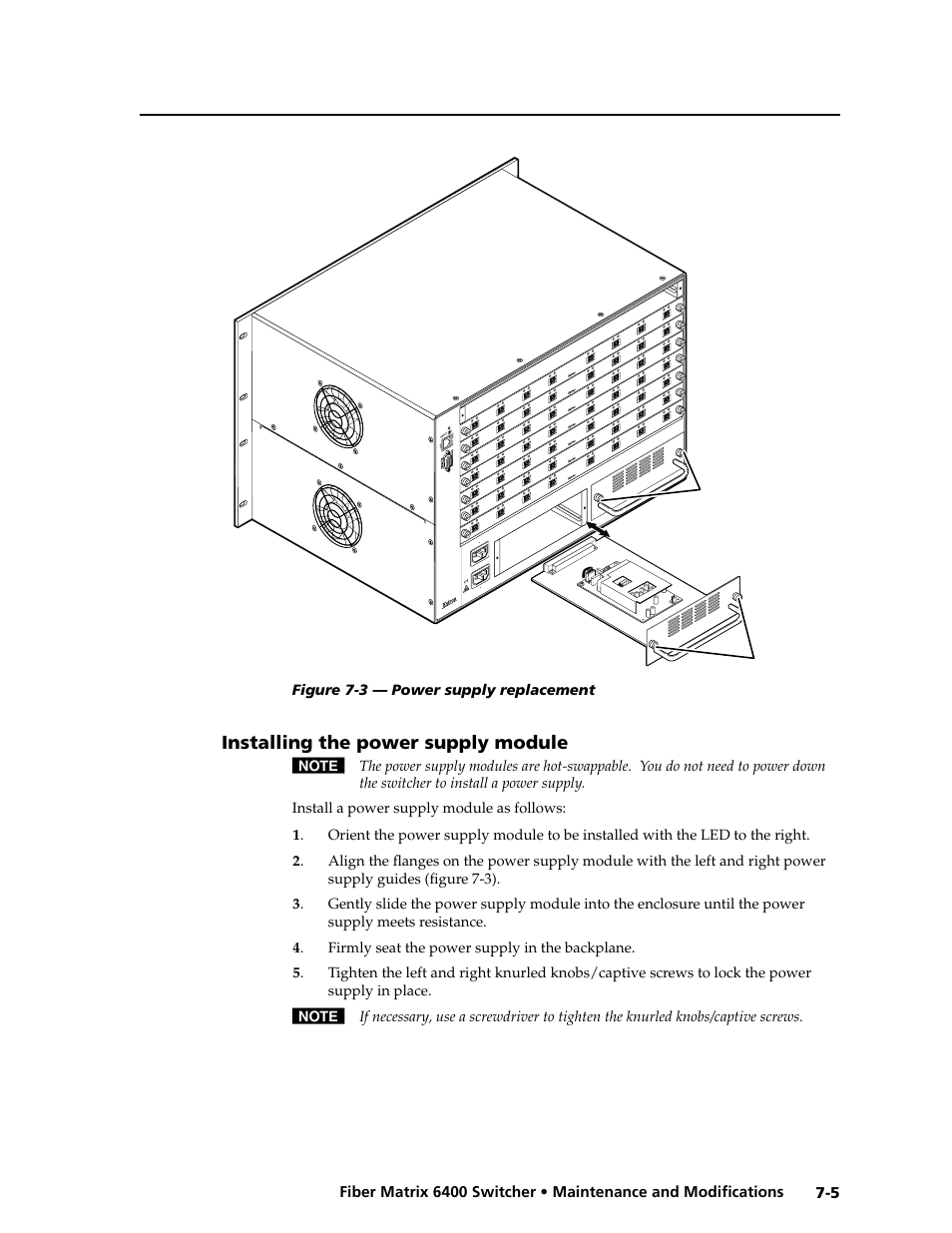 Installing the power supply module, Installing the power supply module -5, Out in | Figure 7-3 — power supply replacement | Extron Electronics Fiber Matrix 6400 User Manual | Page 125 / 144
