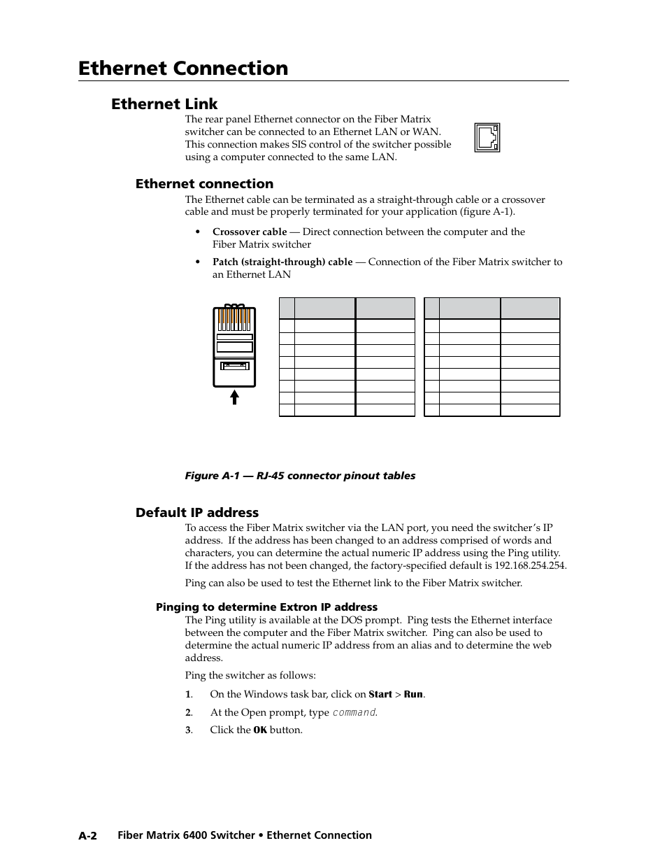 Ethernet link, Ethernet connection, Default ip address | Pinging to determine extron ip address | Extron Electronics Fiber Matrix 6400 User Manual | Page 130 / 144