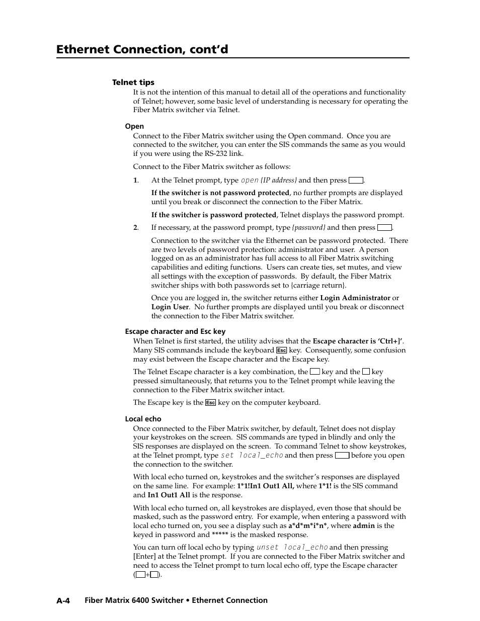 Telnet tips, Open, Escape character and esc key | Local echo, Ethernet connection, cont’d | Extron Electronics Fiber Matrix 6400 User Manual | Page 132 / 144