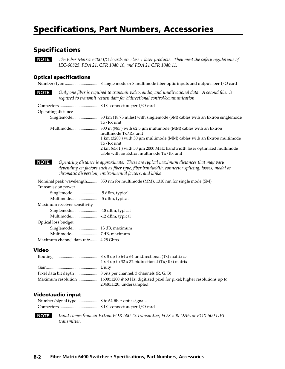 Specifications, Specifications, part numbers, accessories | Extron Electronics Fiber Matrix 6400 User Manual | Page 138 / 144