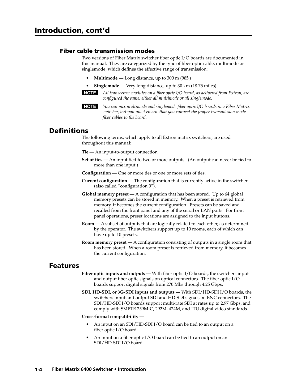 Fiber cable transmission modes, Definitions, Features | Fiber cable transmission modes -4, Introduction, cont’d | Extron Electronics Fiber Matrix 6400 User Manual | Page 14 / 144